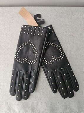 NWT STEVE MADDEN Black Faux Leather Womens Gloves With Silver Stud Designs